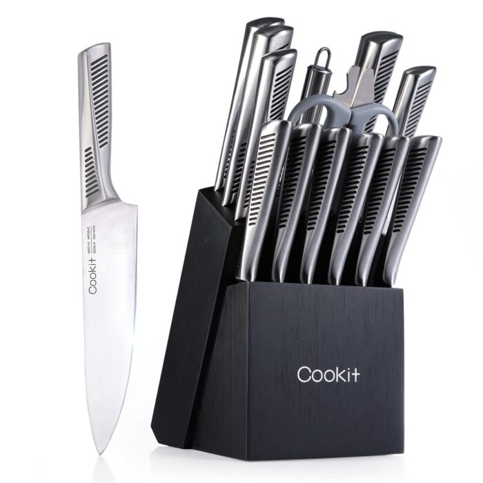 Kitchen Knife Set, 15 Piece Knife Sets with Block, Chef Knives with Non-Slip German Stainless Steel