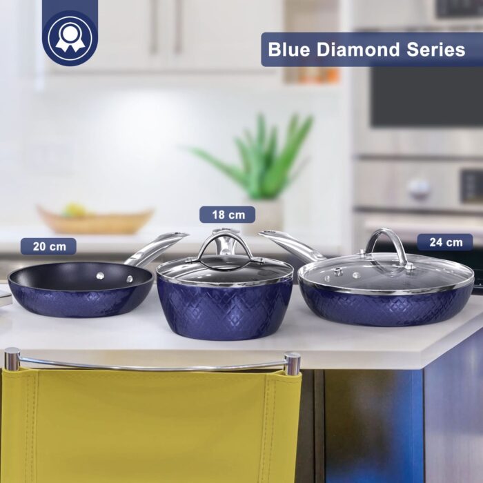 Frying Pan Sets Non Stick 3Pieces Blue 3D Diamond Cookware - Image 6